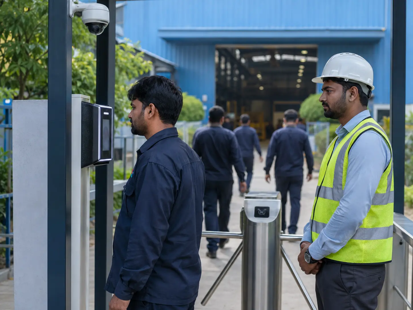 Indian worker using a biometric access terminal at a modern industrial site