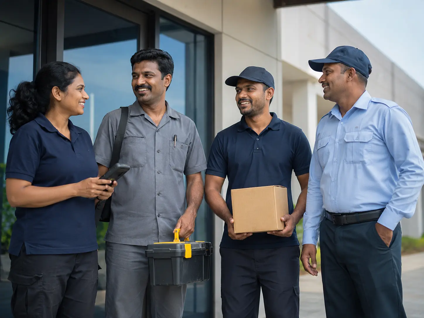 A diverse group of Indian blue- and grey-collar workers at a modern workplace